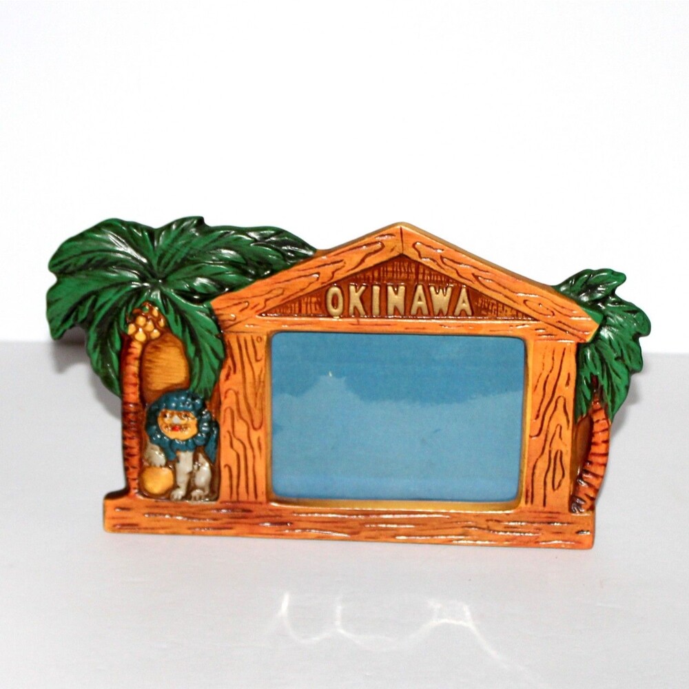 Vintage Okinawa Frame 3" x 4" photos Japan Souvenir novelty Tiki Shiva Dog